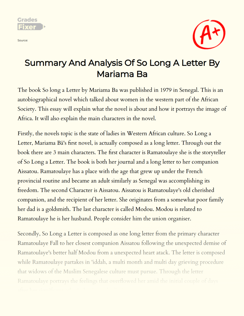 Summary and Analysis of so Long a Letter by Mariama BA Essay