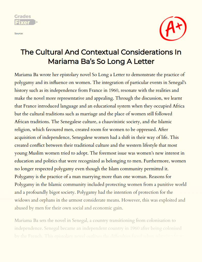 The Cultural and Contextual Considerations in Mariama Ba’s so Long a Letter Essay