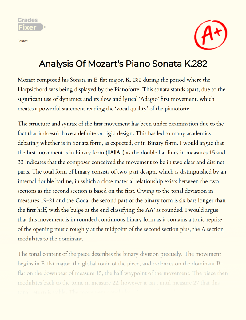 Analysis of Mozart's Piano Sonata K.282 Essay