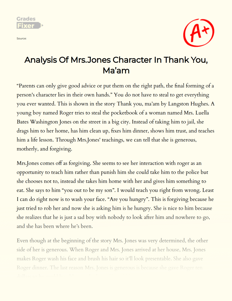 Analysis of Mrs.jones Character in Thank You, Ma’am Essay