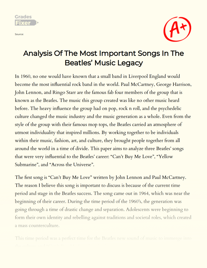 Analysis of The Most Important Songs in The Beatles’ Music Legacy Essay