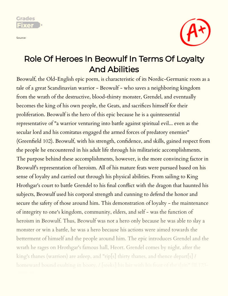 Role of Heroes in Beowulf in Terms of Loyalty and Abilities Essay