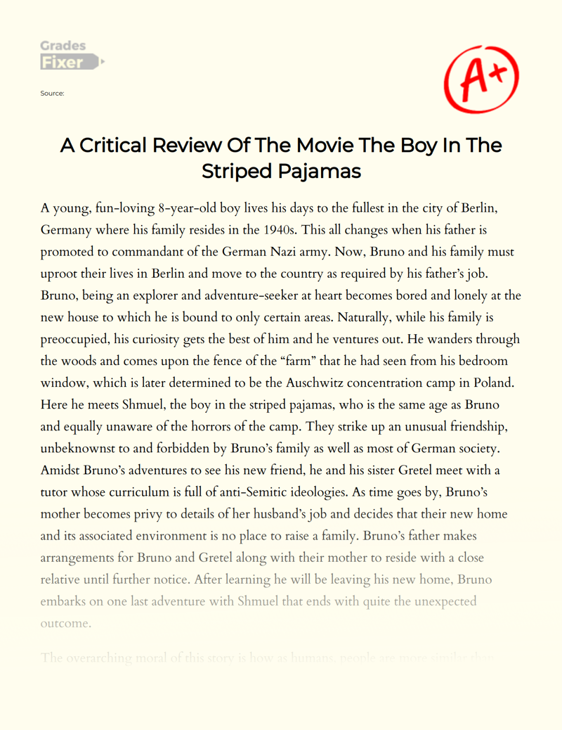 The Boy in The Striped Pajamas: Movie Review and Critique Essay