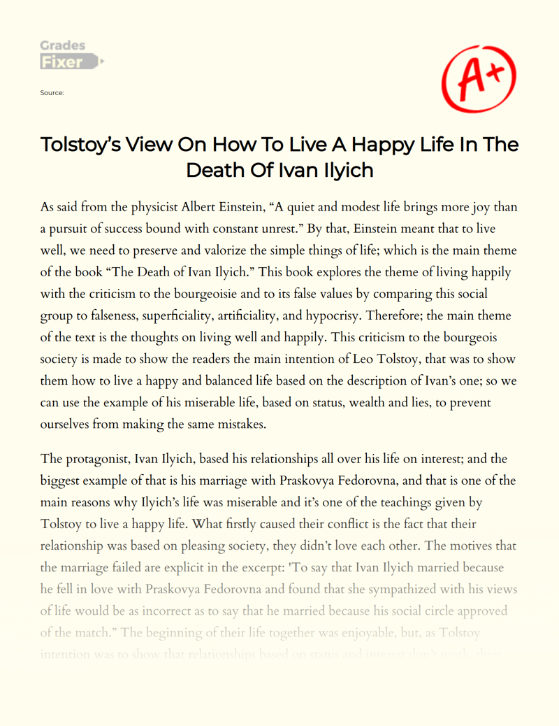 Tolstoy’s View on How to Live a Happy Life in The Death of Ivan Ilyich Essay