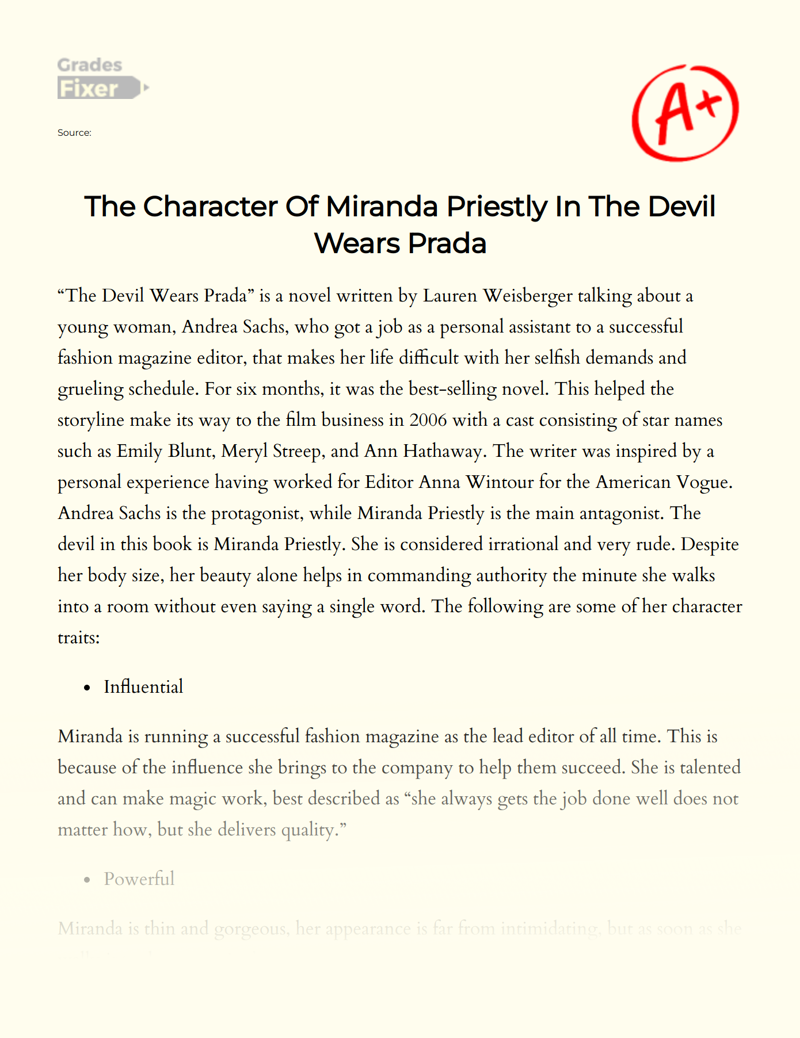 The Character of Miranda Priestly in The Devil Wears Prada Essay