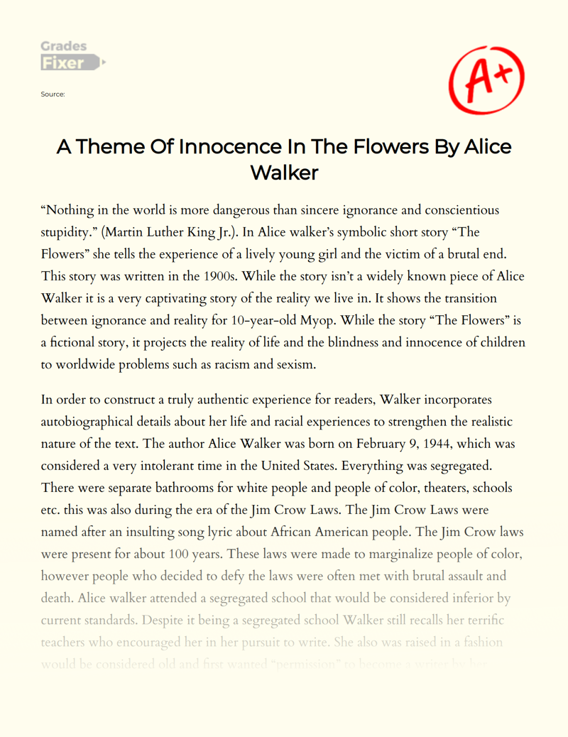 fravær klaver Skynd dig A Theme Of Innocence In The Flowers By Alice Walker: [Essay Example], 1481  words GradesFixer