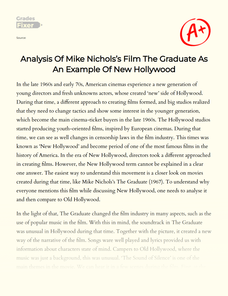 Analysis of Mike Nichols’s Film The Graduate as an Example of New Hollywood Essay