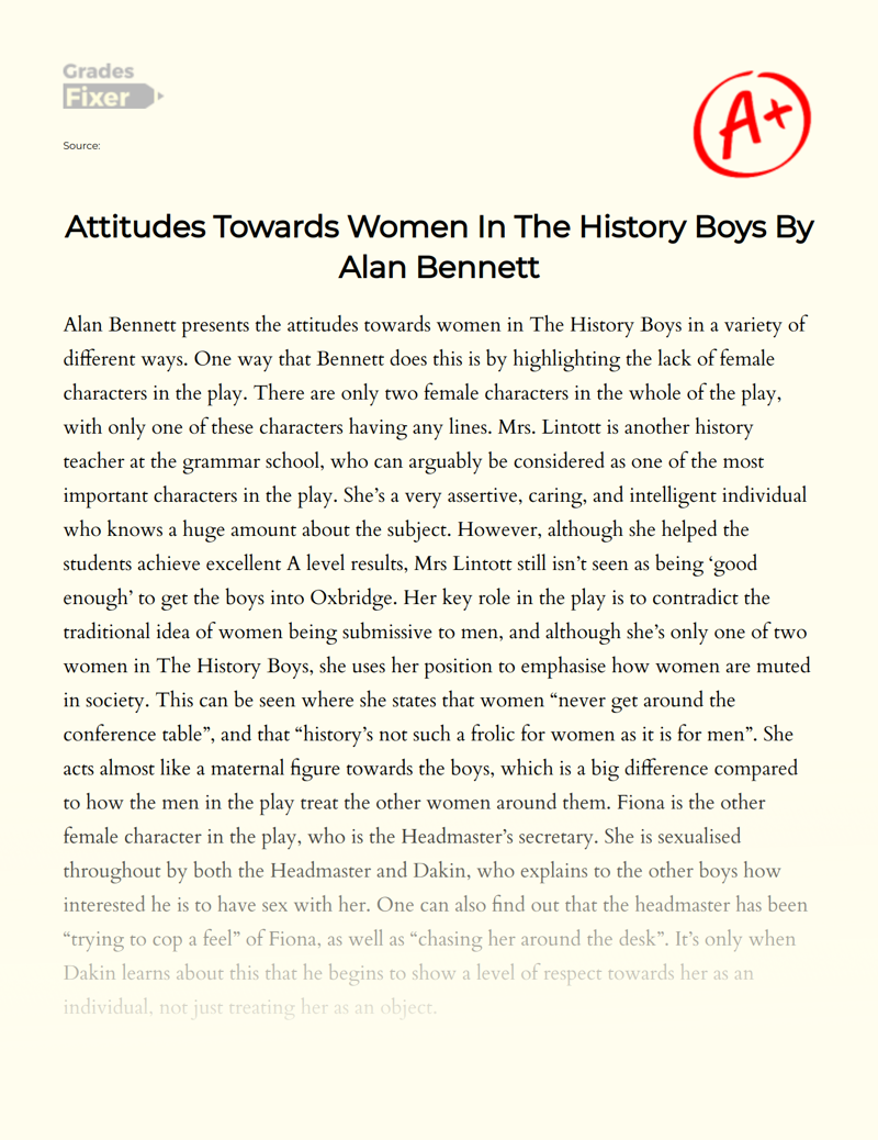 Attitudes Towards Women in The History Boys by Alan Bennett Essay