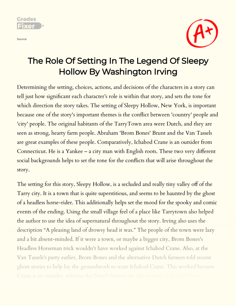The Role of Setting in The Legend of Sleepy Hollow by Washington Irving Essay
