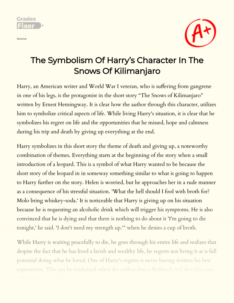 The Symbolism of Harry’s Character in The Snows of Kilimanjaro Essay