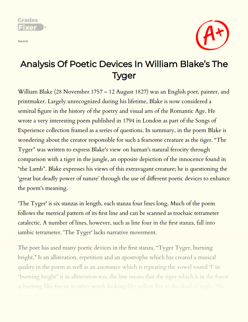 Analysis of Poetic Devices in William Blake’s The Tyger Essay