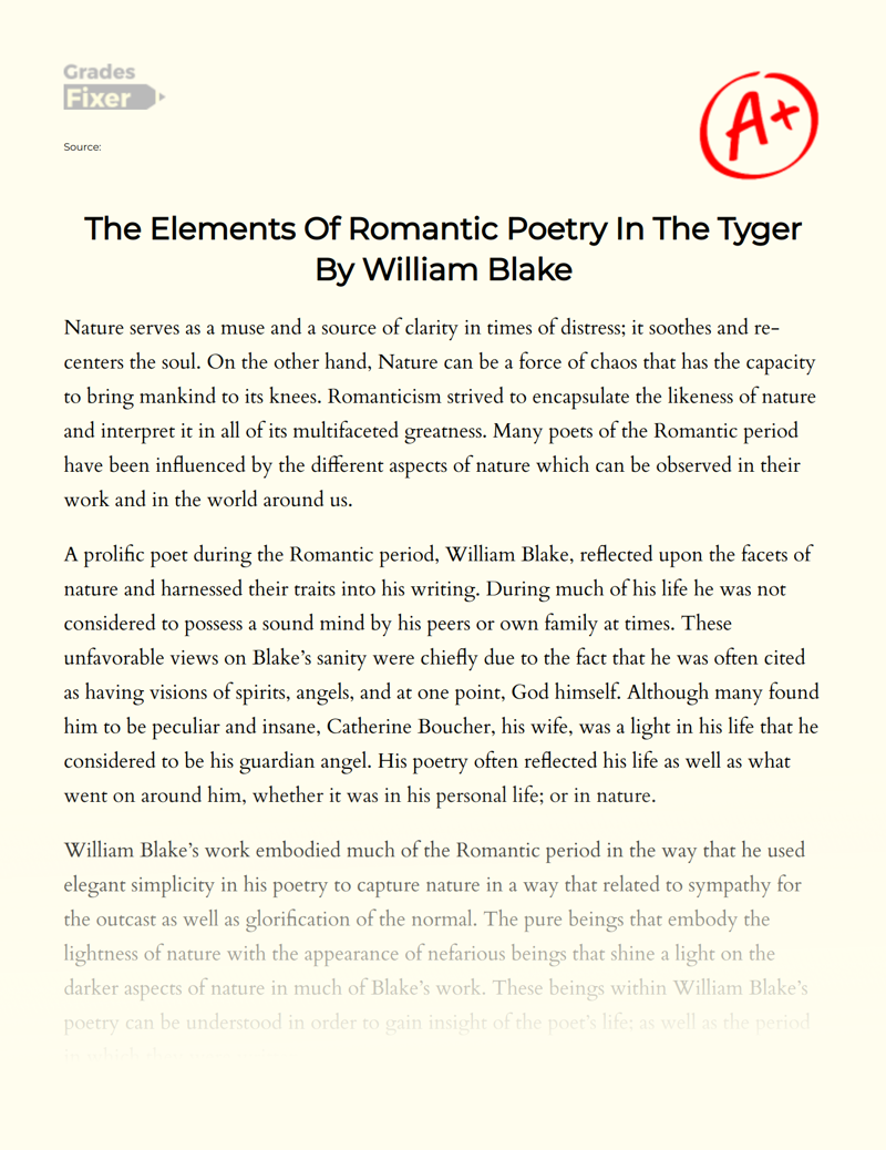 The Elements of Romantic Poetry in The Tyger by William Blake Essay