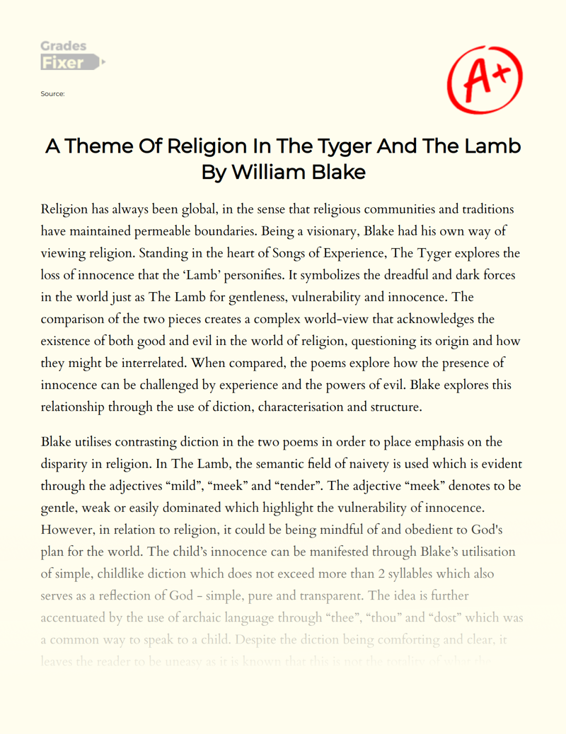 A Theme of Religion in The Tyger and The Lamb by William Blake Essay