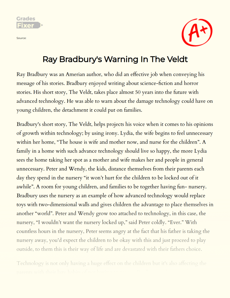 Ray Bradbury's Warning in The Veldt Essay