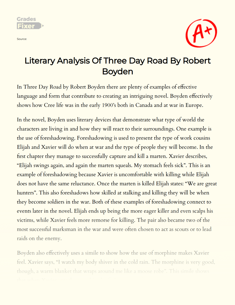 Literary Analysis of Three Day Road by Robert Boyden Essay