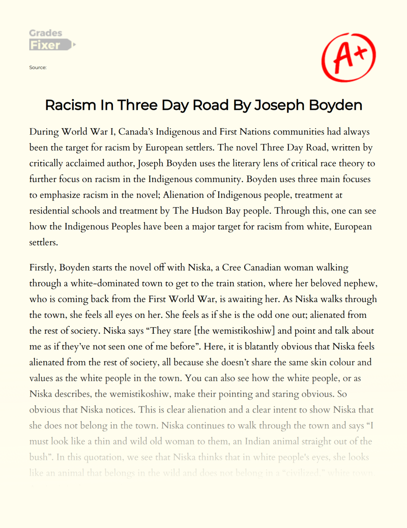 Racism in Three Day Road by Joseph Boyden Essay
