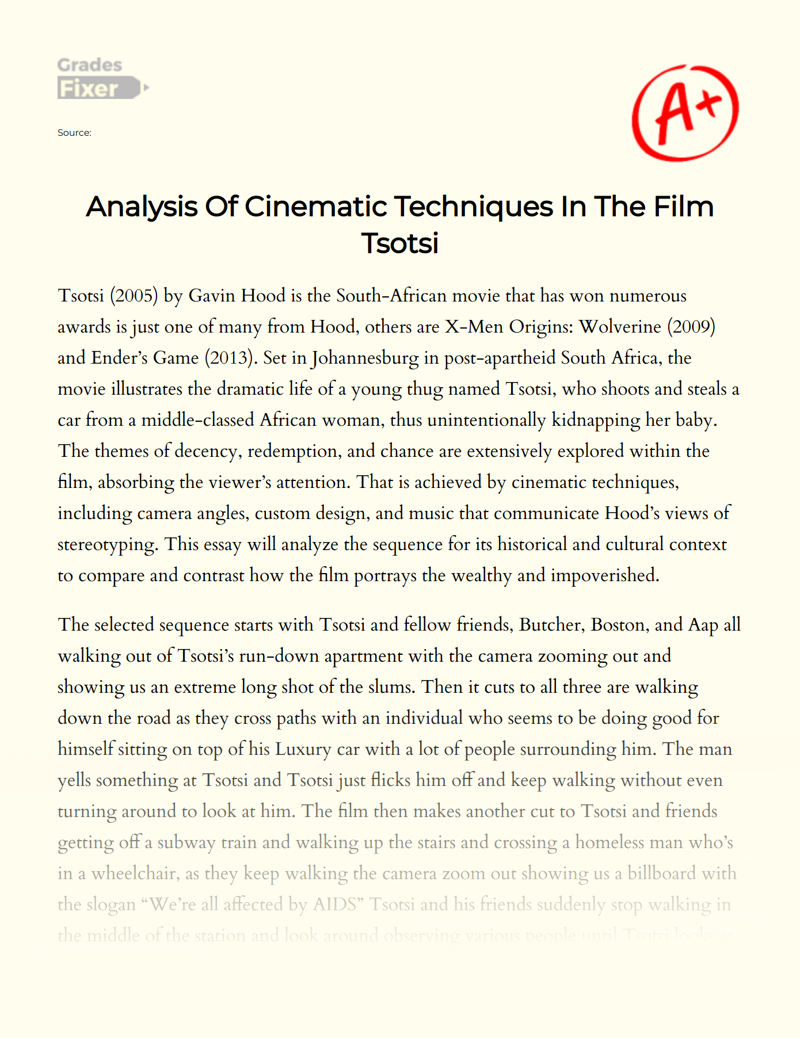 Analysis of Cinematic Techniques in The Film Tsotsi Essay