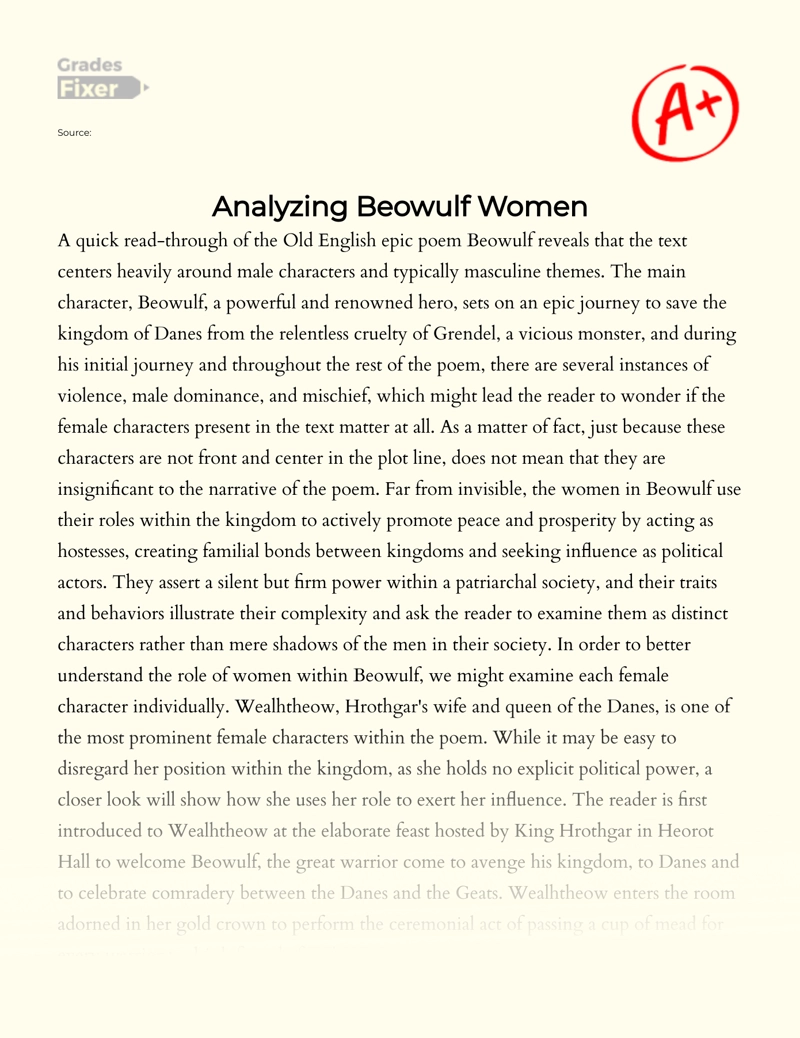 Analysis of Women and Their Fundamental Roles in Beowulf Essay