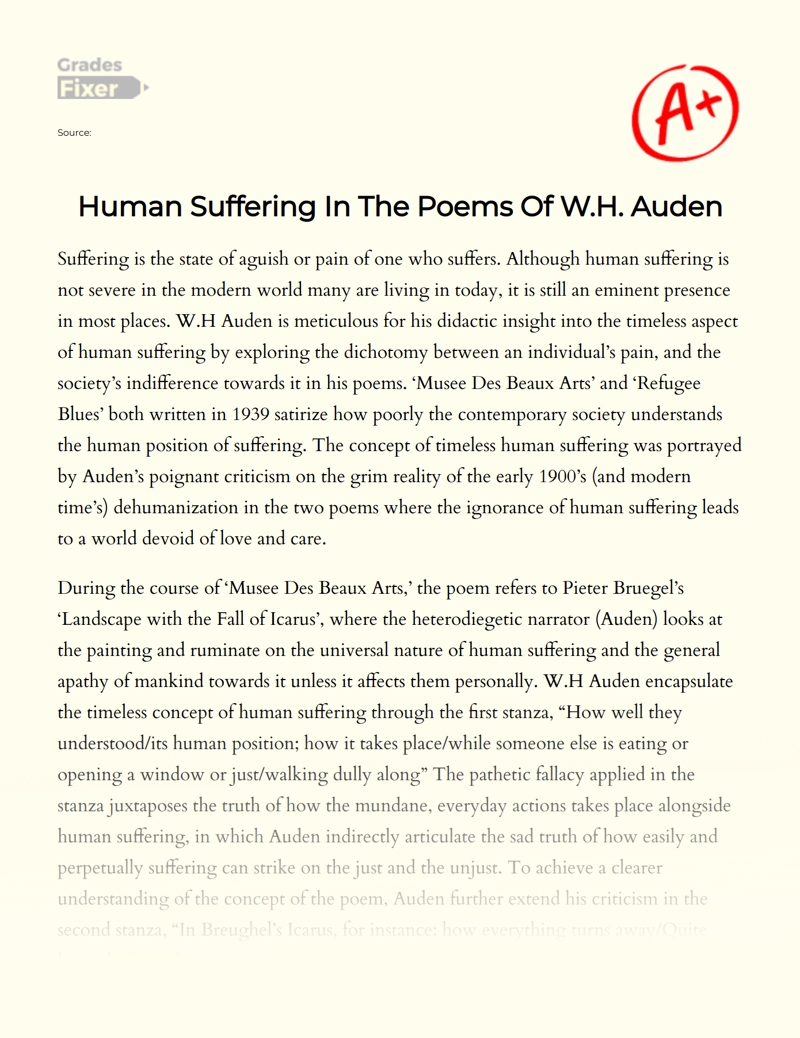 Human Suffering in The Poems of W.h. Auden Essay