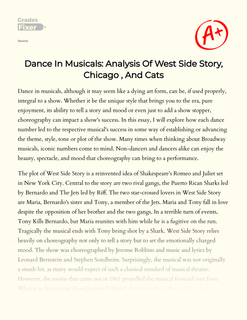 Dance in Musicals: Analysis of West Side Story, Chicago , and Cats essay