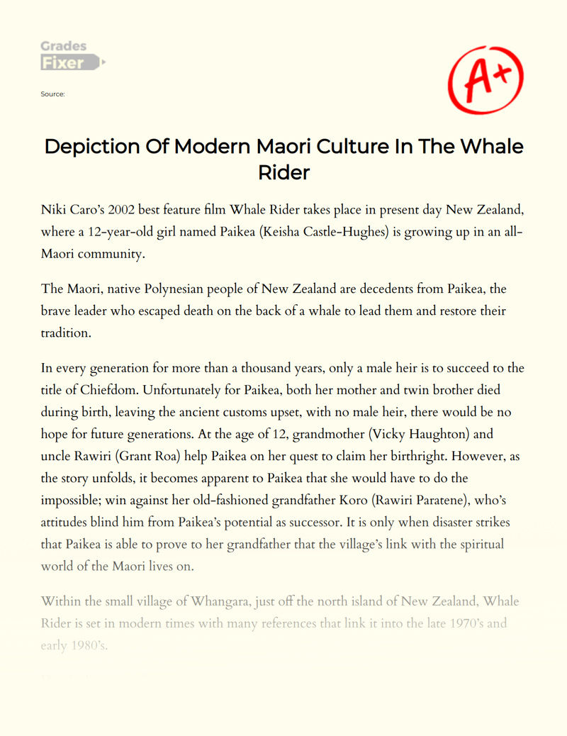 Depiction of Modern Maori Culture in The Whale Rider Essay
