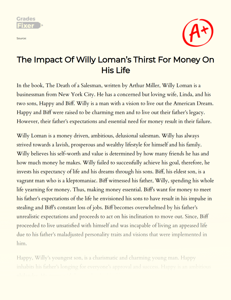 The Impact of Willy Loman’s Thirst for Money on His Life Essay