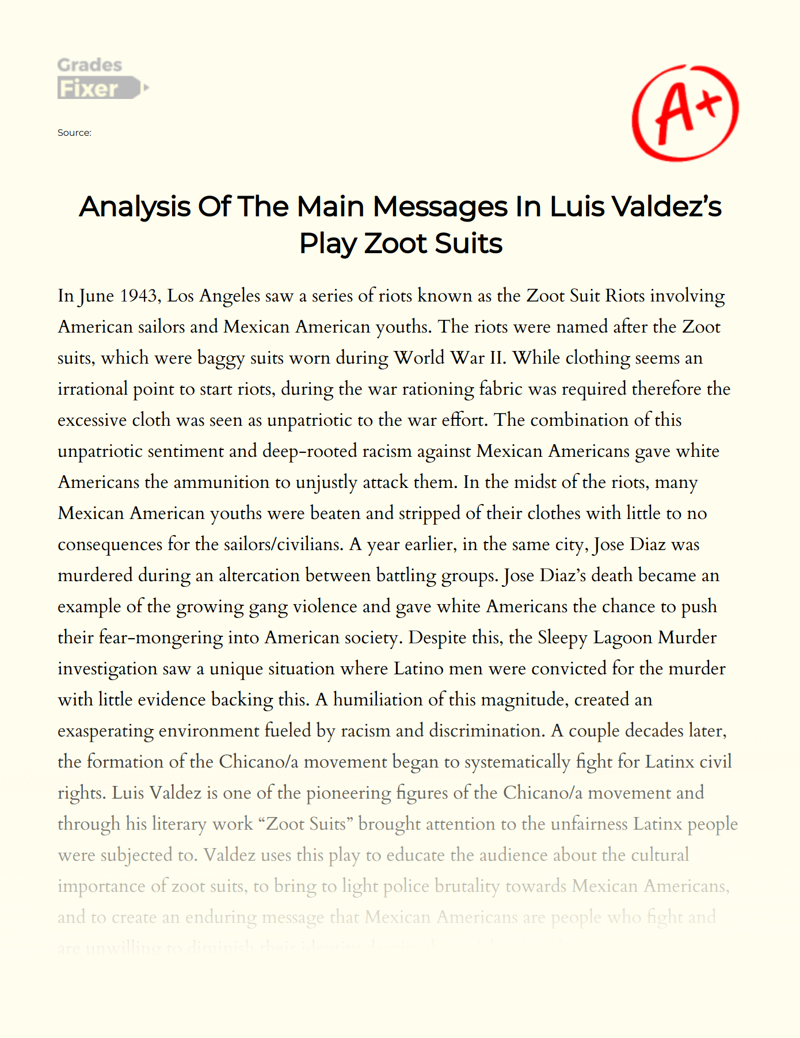Analysis of The Main Messages in Luis Valdez’s Play Zoot Suits Essay