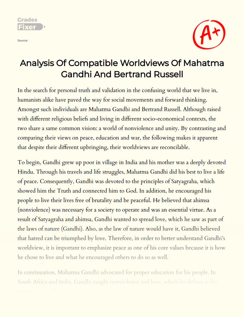 Analysis of Compatible Worldviews of Mahatma Gandhi and Bertrand Russell Essay