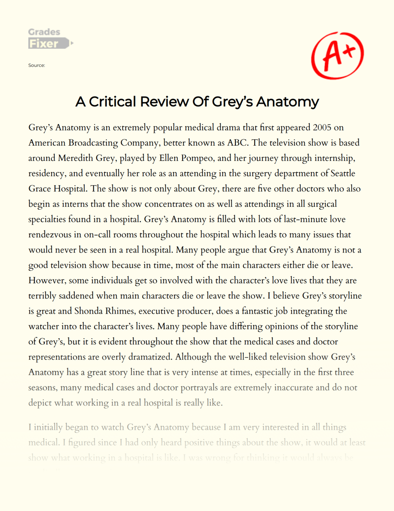 A Critical Review of Grey’s Anatomy Essay