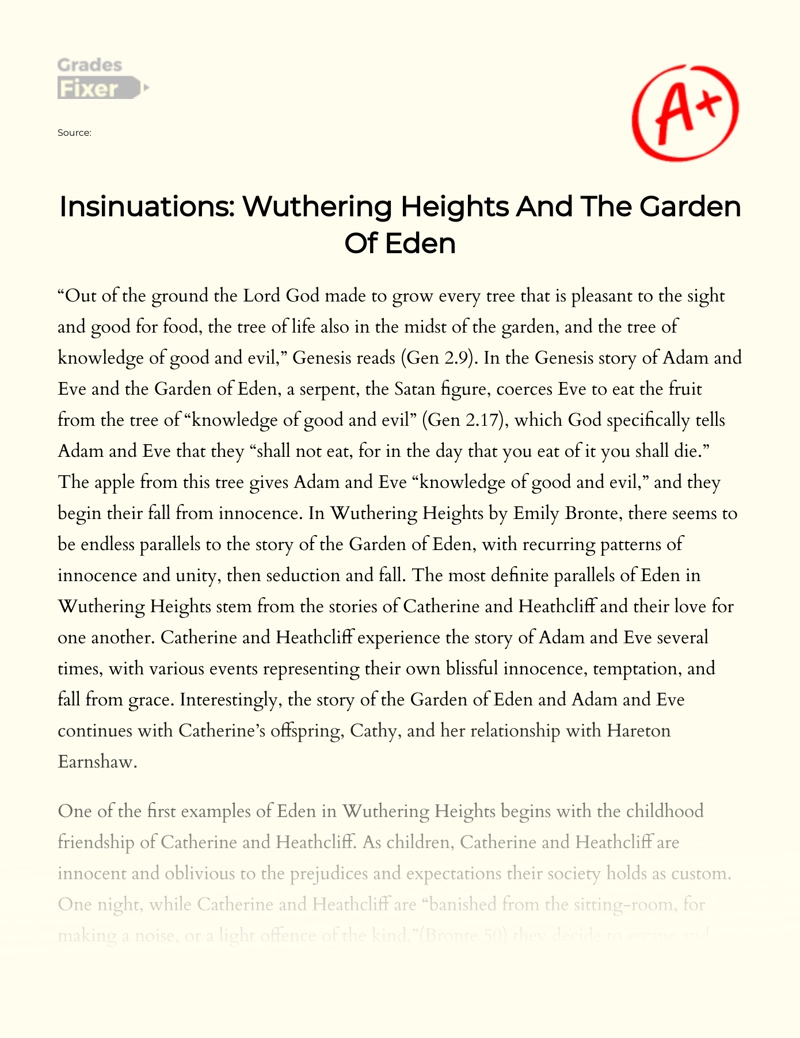 Parallels of The Garden of Eden in "Wuthering Heights" essay