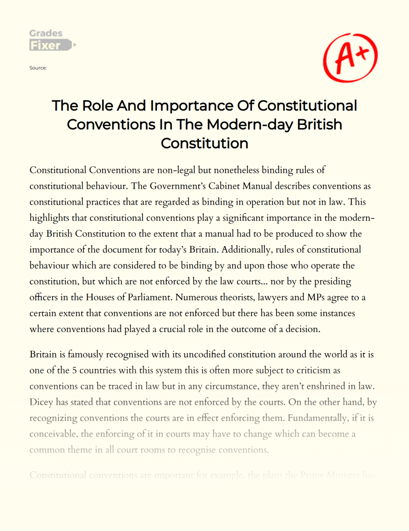 The Role and Importance of Constitutional Conventions in The Modern-day British Constitution Essay