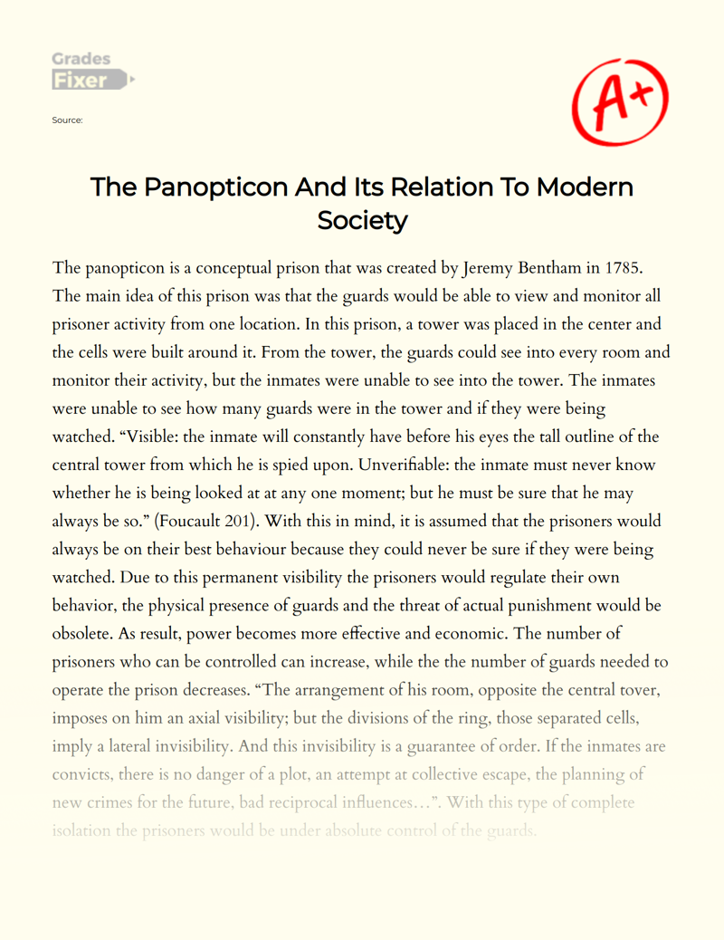 The Panopticon and Its Relation to Modern Society Essay