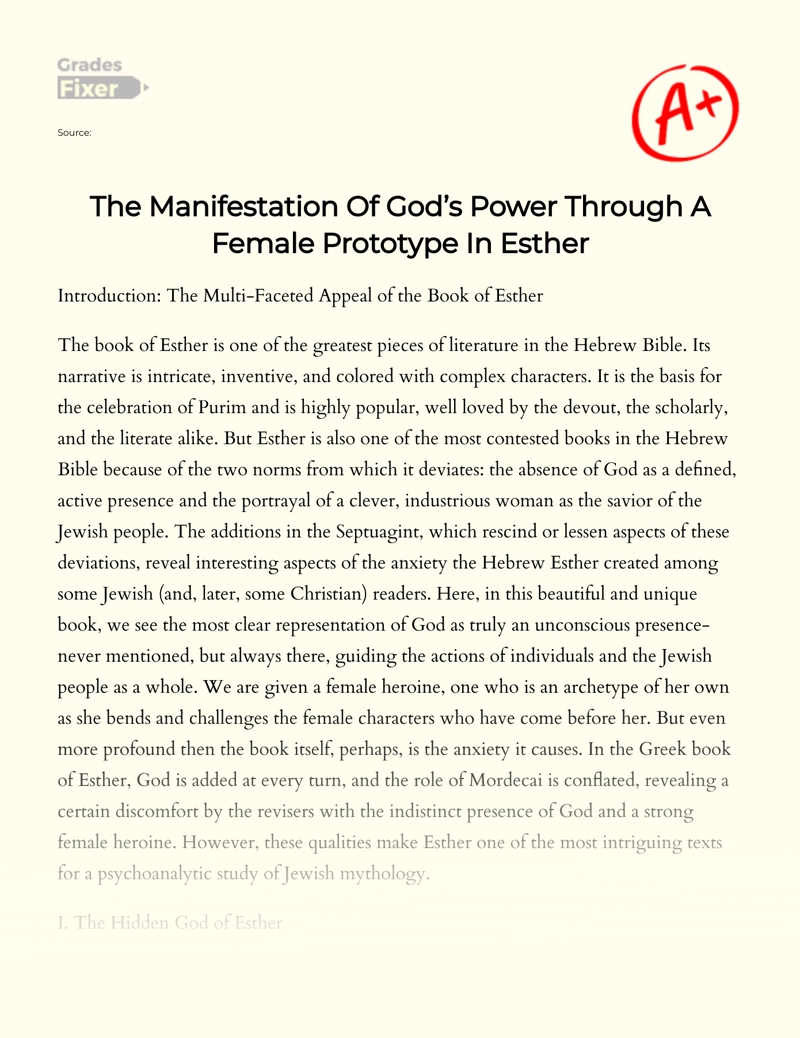 The Manifestation of God’s Power Through a Female Prototype in Esther Essay