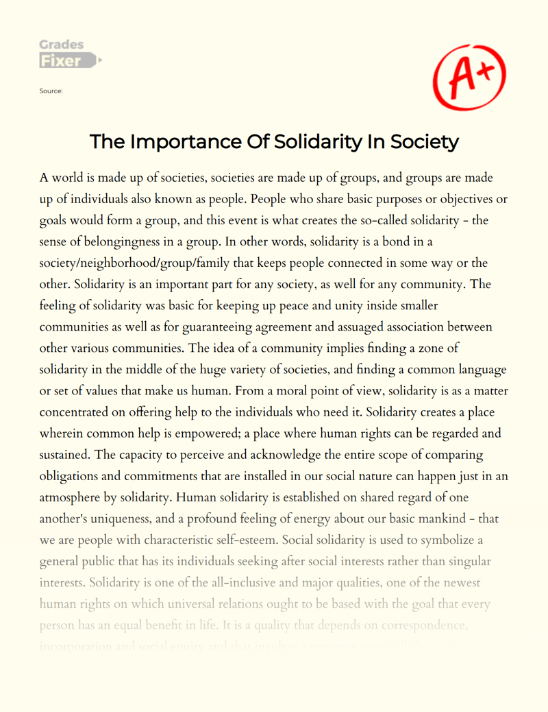 The Importance of Solidarity in Human Society  Essay