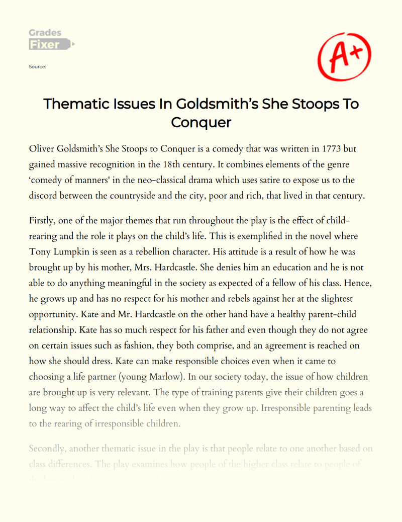 Thematic Issues in Goldsmith’s She Stoops to Conquer Essay