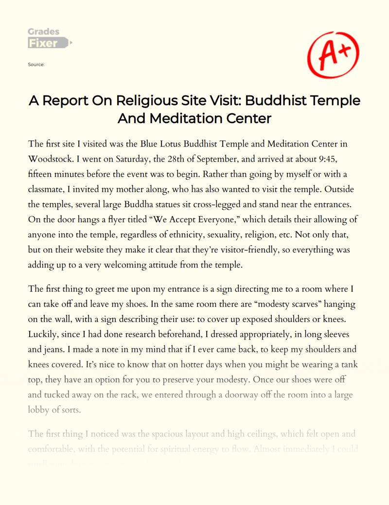 A Report on Religious Site Visit: Buddhist Temple and Meditation Center Essay