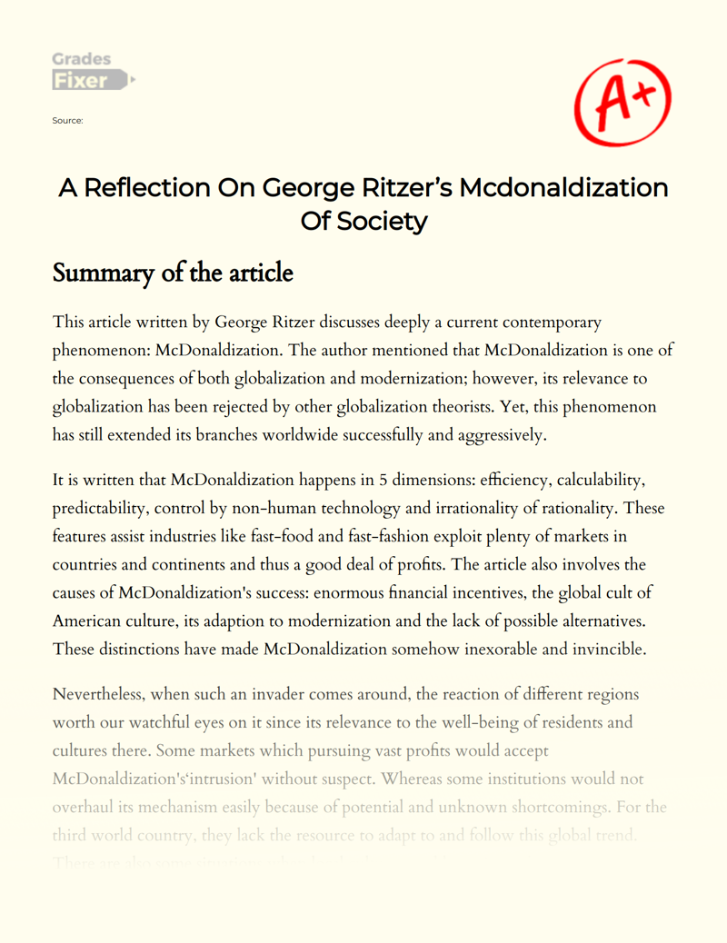 A Reflection on George Ritzer’s Mcdonaldization of Society Essay