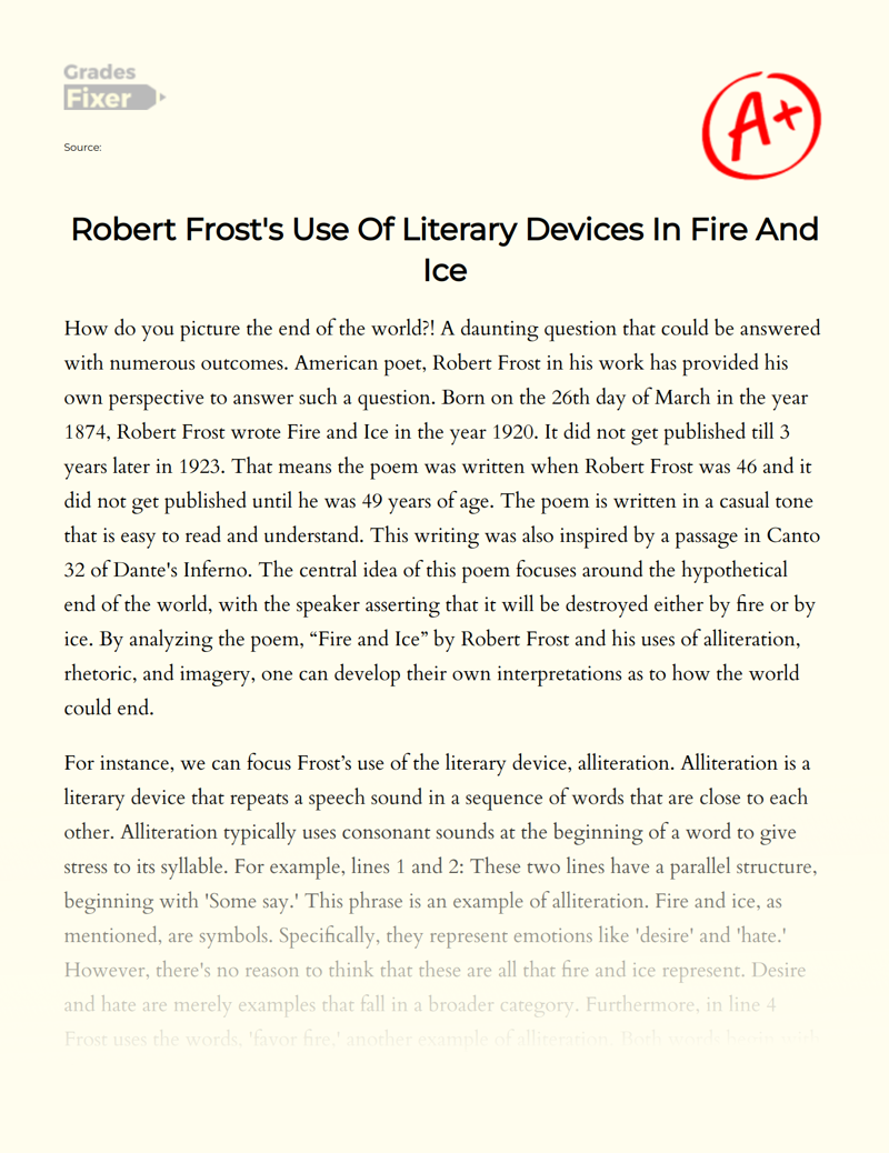 Robert Frost's Use of Literary Devices in Fire and Ice Essay
