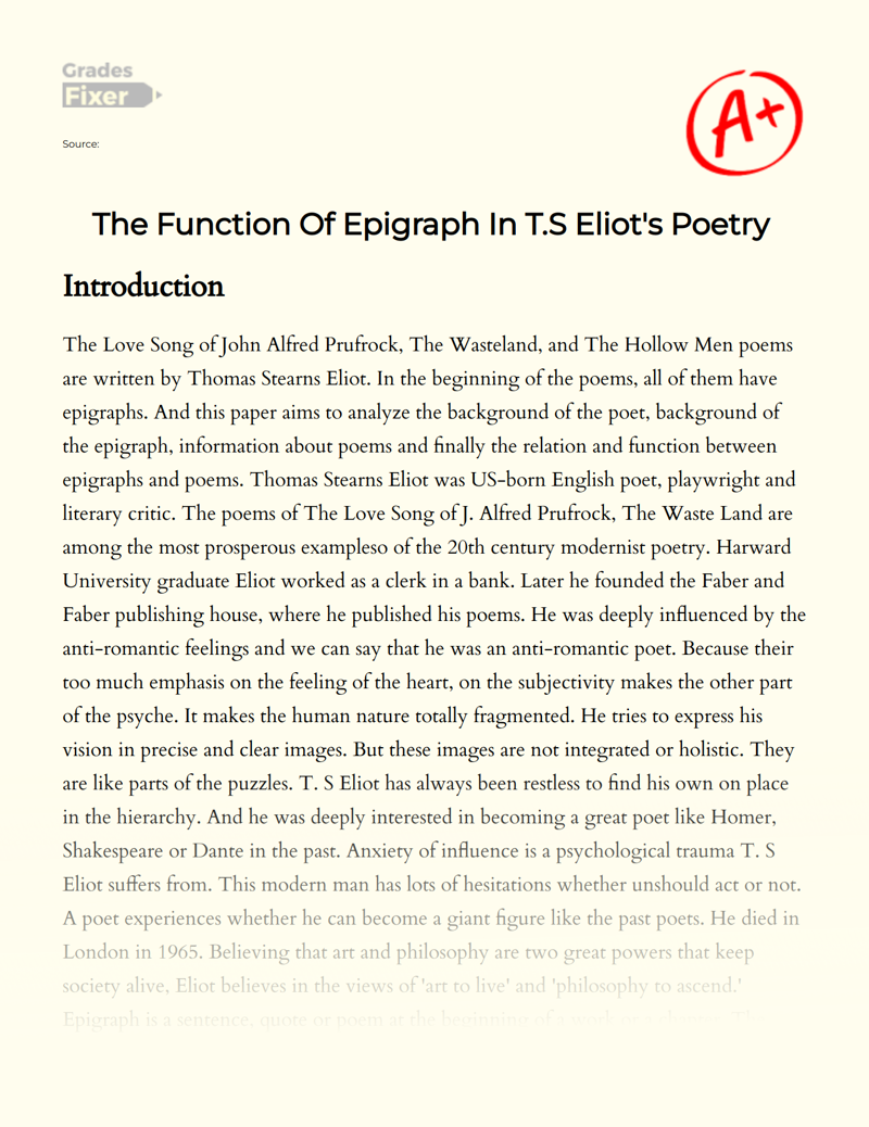 The Function of Epigraph in T.s Eliot's Poetry  Essay