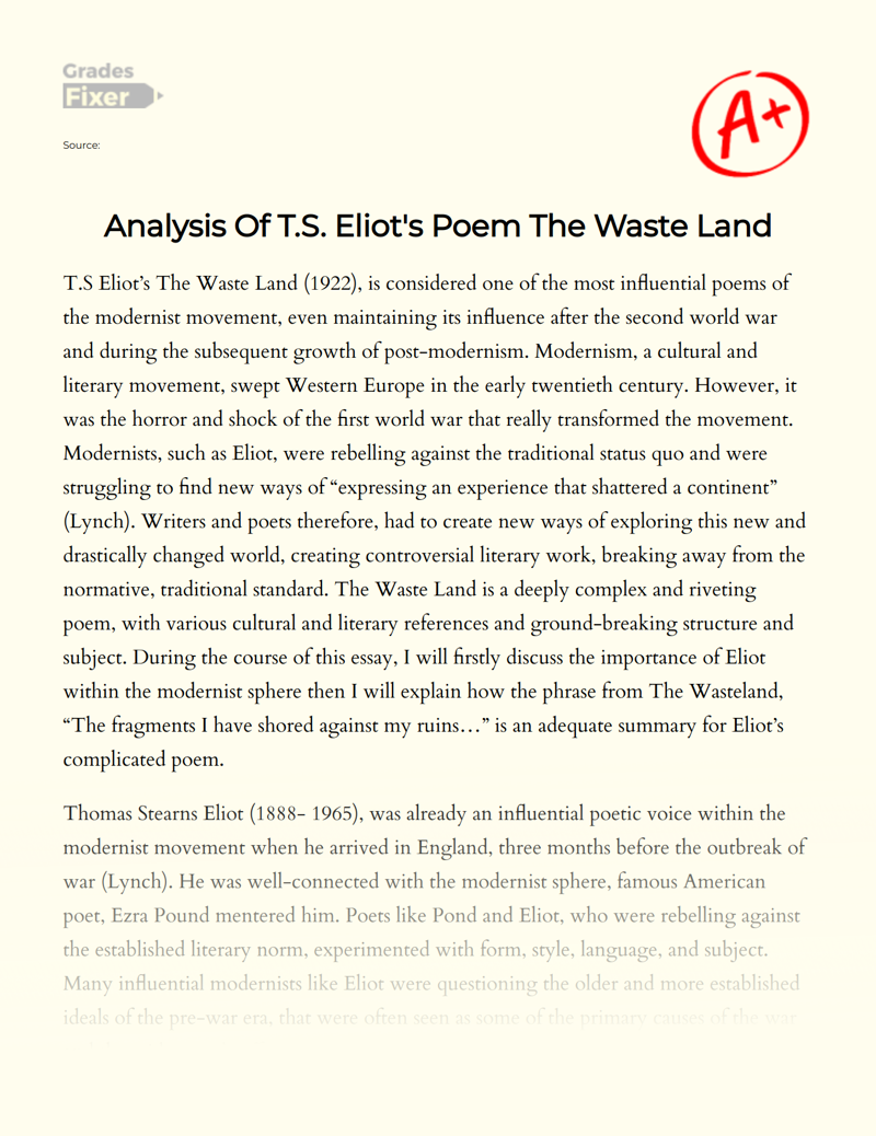 Analysis of T.s. Eliot's Poem The Waste Land Essay