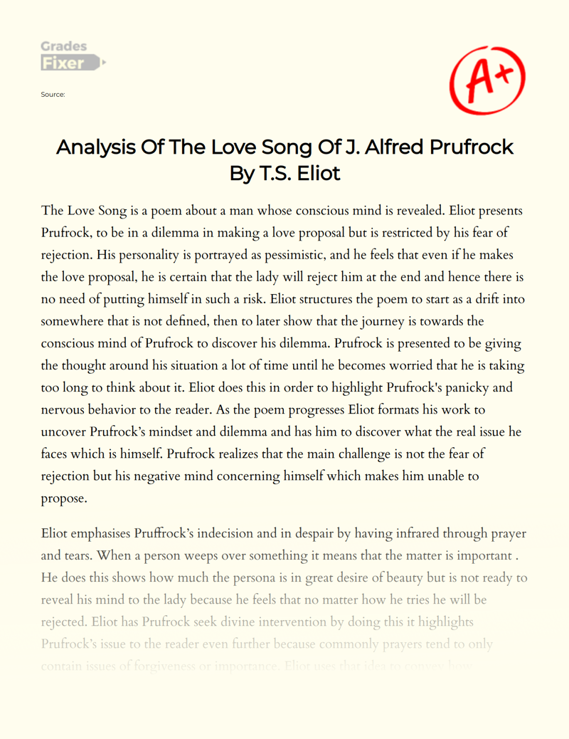Analysis of The Love Song of J. Alfred Prufrock by T.s. Eliot Essay
