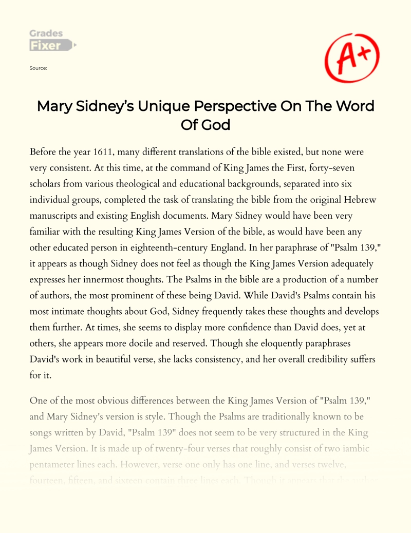 Mary Sidney’s Unique Perspective on The Word of God essay