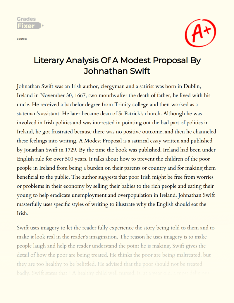 Literary Analysis of a Modest Proposal by Johnathan Swift Essay