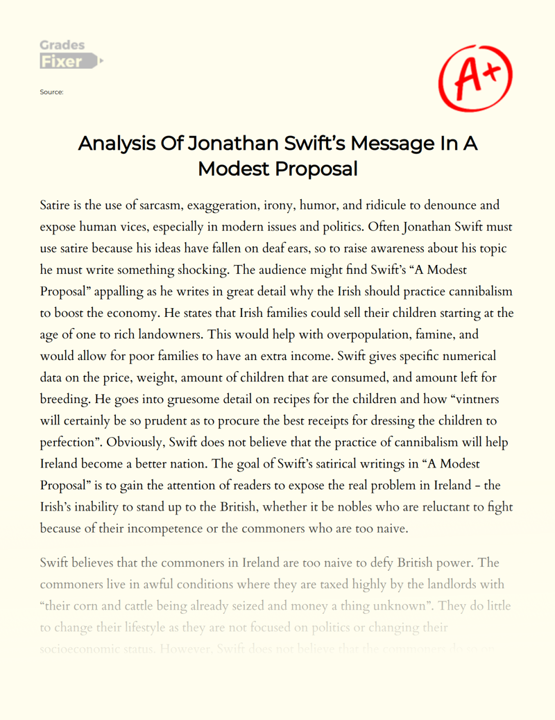 Analysis of Jonathan Swift’s Message in a Modest Proposal Essay