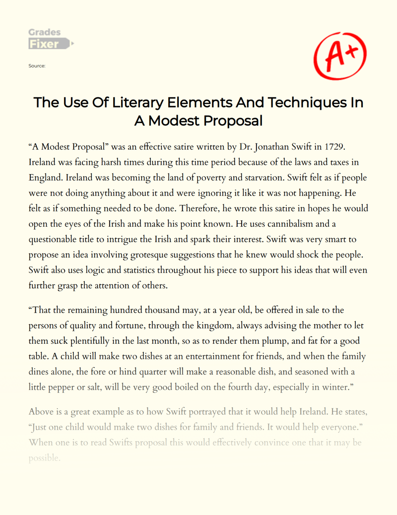 The Use of Literary Elements and Techniques in a Modest Proposal Essay