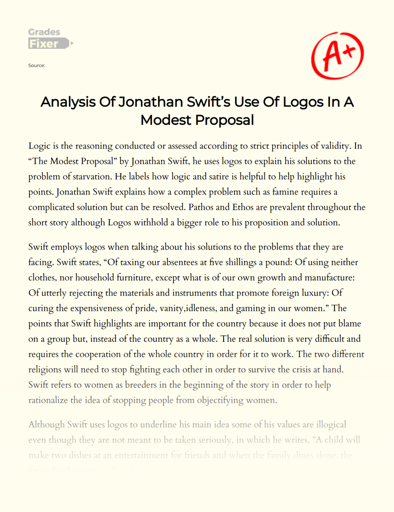 Analysis of Jonathan Swift’s Use of Logos in a Modest Proposal Essay