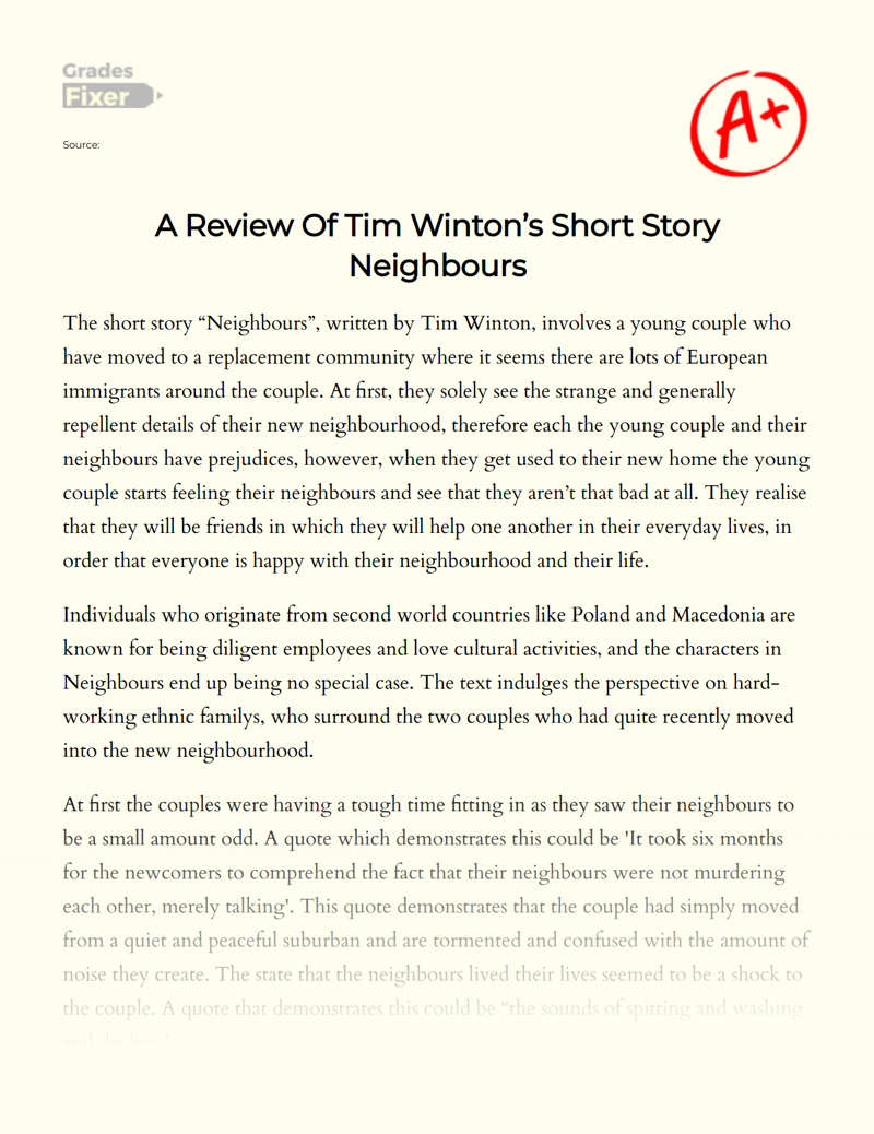A Review of Tim Winton’s Short Story Neighbours Essay