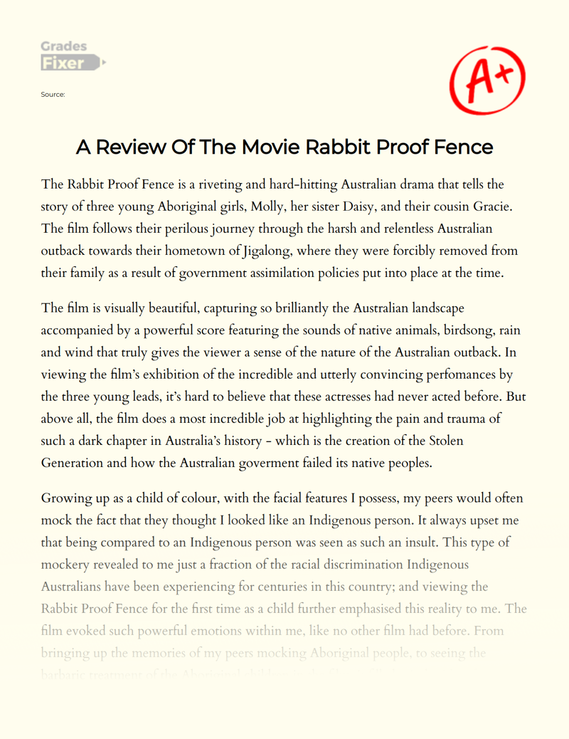 A Review of The Movie Rabbit Proof Fence Essay