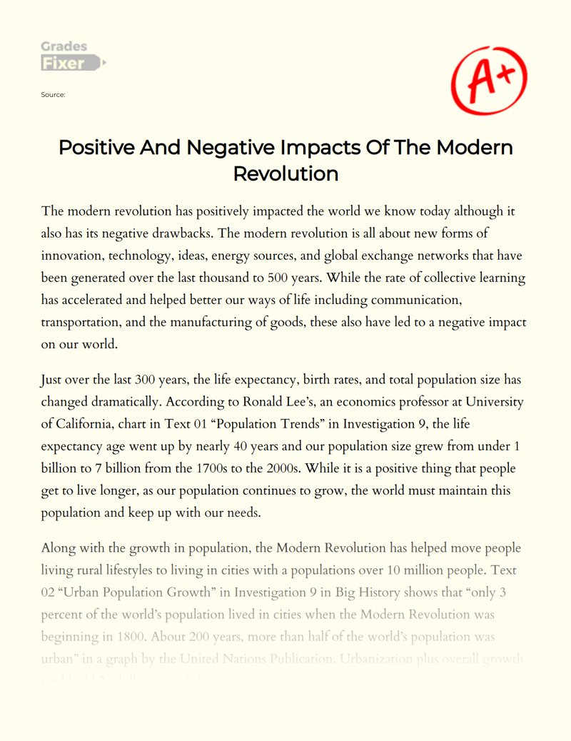 Positive and Negative Impacts of The Modern Revolution Essay