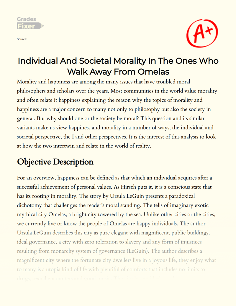 Individual and Societal Morality in The Ones Who Walk Away from Omelas Essay